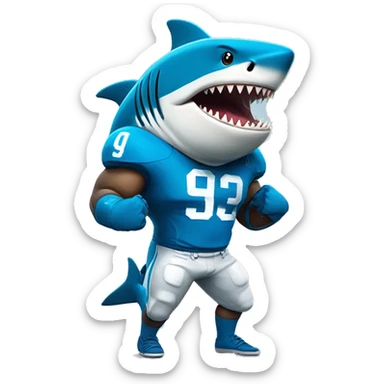 Shark wearing blue football jersey, flexing muscles sticker