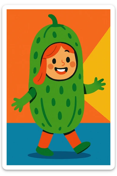 a girl dressed in a cucumber costume, smiling, colorful and fun sticker