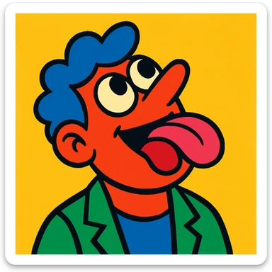 a colorful cartoon of a man sticking out his tongue and looking up to the sky sticker