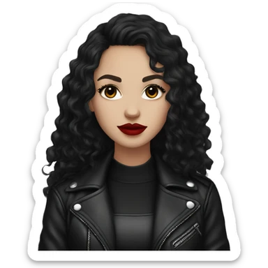 White girl, with long curly black hair, with red lipstick, black winged eyeliner, wearing black shirt and black leather jacket sticker