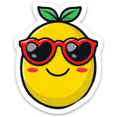 A lemon wearing red heart sunglass frame with black lenses with a cute smile  sticker