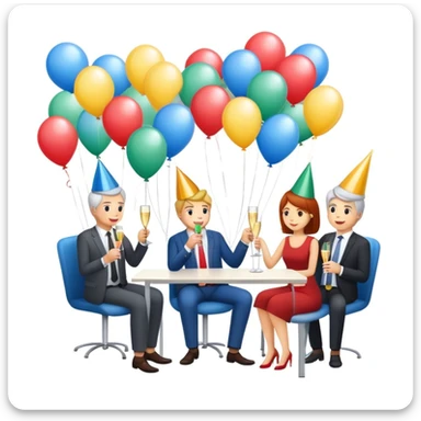 office party with coworkers celebrating, holding drinks and snacks, decorations and balloons in the background sticker