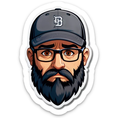 A man with a grey baseball cap, hazel eyes, big dark brown beard and glasses, crying sticker