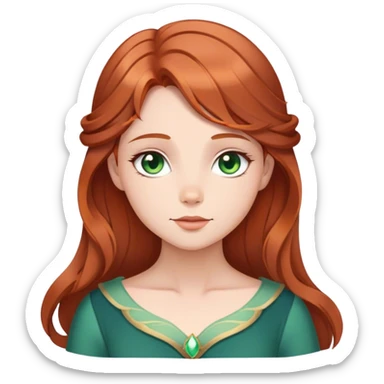 Cinematic Serene Sleeping Beauty Portrait Emoji, rendered in a simplified vector style. Depict a gentle Aurora (chest and above) with fair, glowing skin and softly cascading auburn hair, her expression calm and reflective, dressed in her timeless attire. The image exudes a soft, warm radiance with high shine and a subtle glowing outline. sticker
