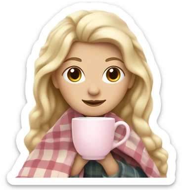 A pale blonde girl covered in a plaid light pink blanket sipping tea sticker