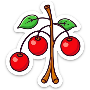 Bunch of three red cherries with stems and green leaves sticker