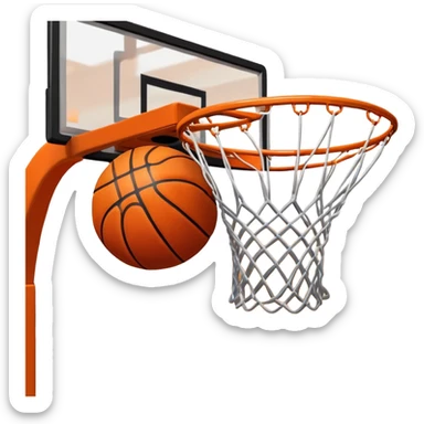 A close-up shot of a basketball entering the hoop, with the ball swishing through the net. The background features a blurred basketball court, emphasizing the perfect shot and the excitement of the game. sticker