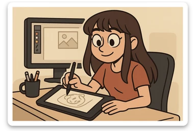 a girl graphic designer with long brown hair and bangs, brown eyes, sketching on a tablet, flat toon style sticker