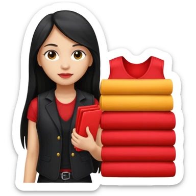 Girl with long light black straight hair and black vest and red stack of clothes on hands   sticker
