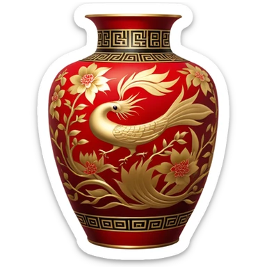 Chinese metal painting icon, intricate hand-painted Chinese patterns on metal vase, vibrant colors like red, gold, and black, delicate brushstrokes, visible fine paintbrush and metal surface, painting process, minimalistic style, clean lines, transparent background. sticker