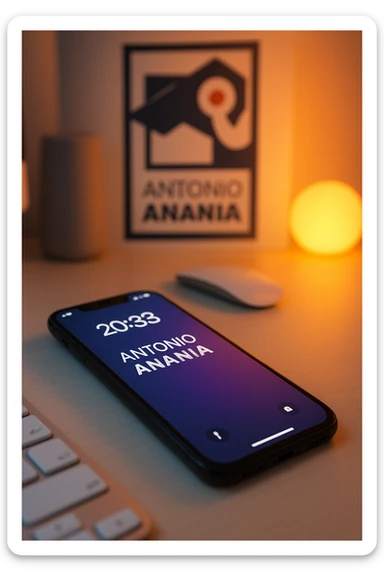A photo of an iPhone on the desk with the message "Antonio Anania" on its screen, The phone sits atop a desk with a blurred with the logo in the background that suggests work environment. A faint glow from above casts gentle shadows across the surface of each object, creating depth and highlighting their textures sticker