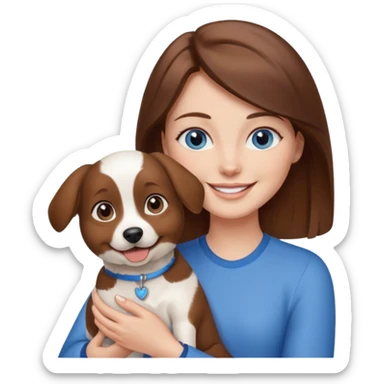 Blue eyes brown haired woman holding a brown and white dog sticker