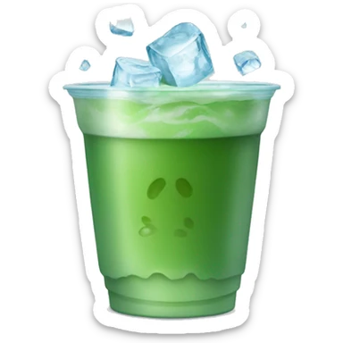 A plastic cup filled with green matcha, ice cubes floating inside, and light condensation on the outside. sticker