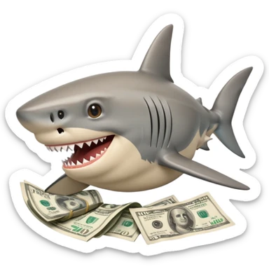 smiling shark with dollar bills in its mouth sticker
