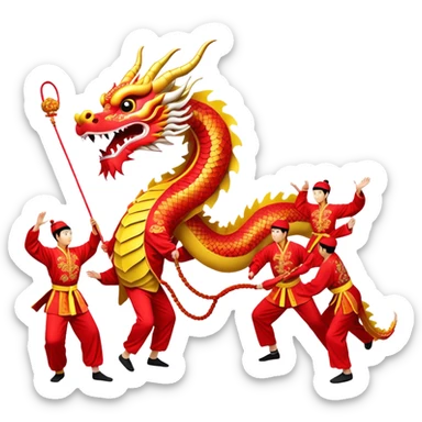 Cinematic Realistic scene of a traditional Chinese Dragon Dance featuring a team of performers skillfully manipulating a colossal, flexible dragon puppet, its intricately detailed, vibrant scales and flowing, embroidered fabric catching the light, set against a festive backdrop of red lanterns and dynamic red-tinged lighting that accentuates the majestic presence of the dragon puppet. sticker