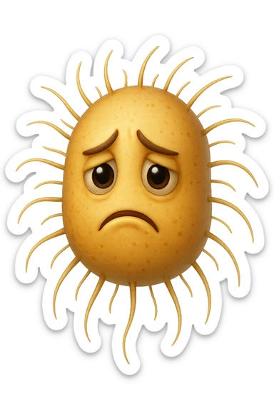 emoji stile iphone di batteri intestinali con espressione triste che fluttuano in aria, iperrealistico 4k, isolato su sfondo bianco sticker