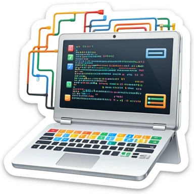 An icon featuring a laptop screen with colorful lines of code, brackets, and a blinking cursor, symbolizing programming. The design includes flowcharts, gear icons, and binary code, representing software development and logical problem-solving. Transparent background highlights the world of coding. sticker