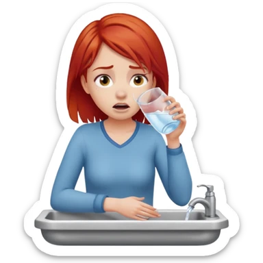 apple style emoji of a girl with red hair trying to drink water from a sink but unable to, looking desperate with an empty glass sticker