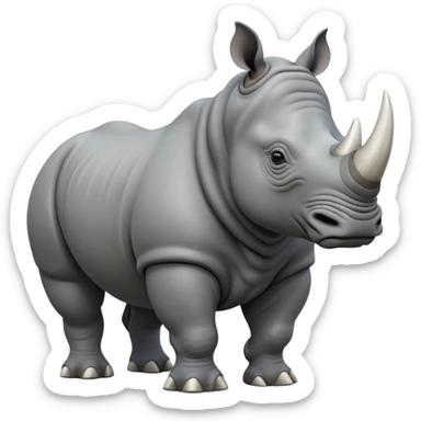 cinematic-rhino-full-body-standing-emoji,white horn, slate grey skin -massive-body-poised-powerfully,-thick-horn-curving-slightly-forward,-head-tilted-dramatically,-rough-grey-hide-covered-in-dust,-simplified-focused-features, sticker
