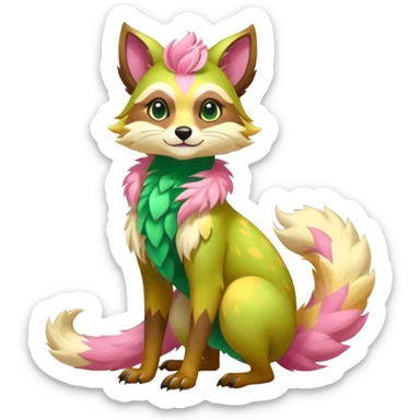 Colorful brown with rose-pink, yellow-beige-cream, jade-green tropical exotic shiny beautiful fantasy-Vernid-Cacomistle-animal-Fakémon-hybrid-fursona (full body) sticker