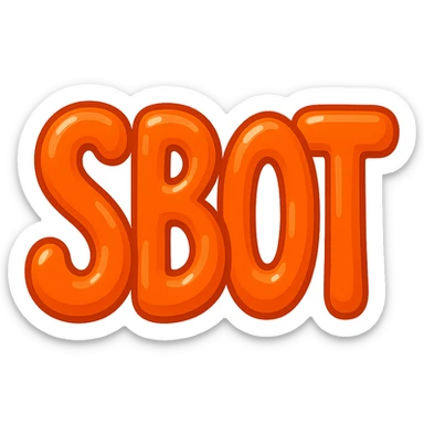 Change the text to 'SBOT' in the same extra puffy, shiny orange and red bubble letter style, whimsical and lighthearted. Maintain the bubble letter style with shiny orange and red colors, extra puffiness, and a whimsical, lighthearted feel. sticker