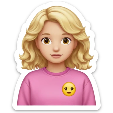 avatar of a girl with blonde wavy hair wearing a pink sweatshirt, emoji style sticker