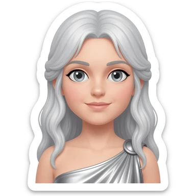 Artemis from Greek Mythology with grey eyes, long silver blonde hair, silver metallic peplos sticker