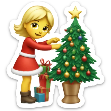 Blond Girl decorating a Christmas tree sticker
