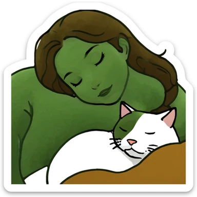 brunette caramel haired girl sleeping with mostly white and light grey cat sticker