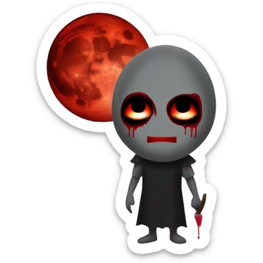 a gu with a creepy smiling mask color red black grey and a blood moon in the background sticker