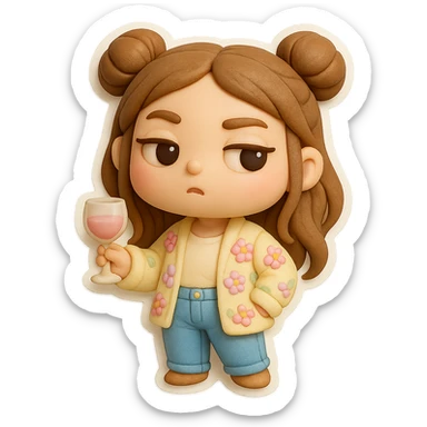 3D chibi fondant cake art style, high-quality rendering with smooth shadows and soft gradients. Girl with long brown hair in two space buns, brown eyes, jeans, pastel floral cardigan, thick white outline like a sticker, transparent background. Holding a wine glass, acting fancy and superior, preserve facial features from reference image. sticker