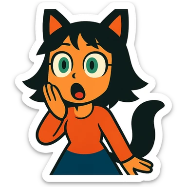 a surprised girl with huge green eyes, black fox ears, and a tail, dark hair sticker