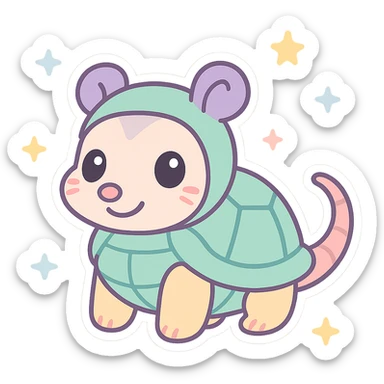 cute cartoon possum dressed up like a turtle, sticker style, transparent background sticker