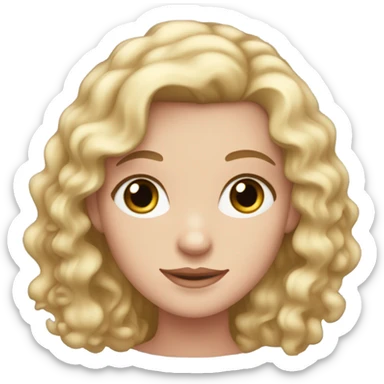 A girl with long blond curly hair and brown eyes. She has pale skin and a pink dress on sticker