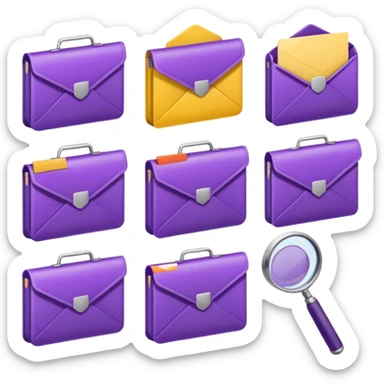 simple, minimalistic yellow (hex#FFD008) and purple (hex#8C52FF) icons of a pin, a working case, a folder, a magnifier, an email, an envelope. 6 icons in total sticker