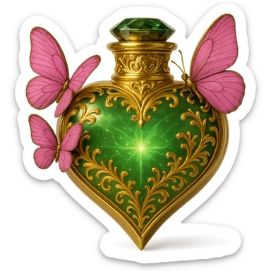 Create a one-to-one heart-shaped bottle as in the example, with the main color green and gold details. Add a bright crystalline effect inside the bottle. Keep the pink butterflies as shown. Remove the background. sticker