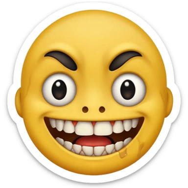Yellow face emoji with only two teeth white and the rest of the teeth black and rotten, scars on the face and eyes wide with black pupils sticker