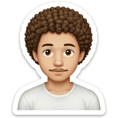 a 17 year old light-skinned boy with slightly brown eyes, small mustache above his lip, very curly hair like a small afro with cut sides, one twisted curl falling on his forehead, wearing a tight white shirt sticker
