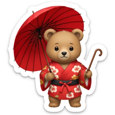 Bear with red umbrella, wearing kimono sticker