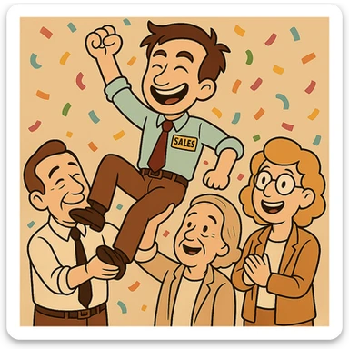 Change the man with dark skin to have pale skin and appear a bit older. Add colorful confetti in the air like in the second cartoon. Also, add another woman to the group—she should be blond. Keep the background transparent and maintain the cartoonish office celebration style. sticker