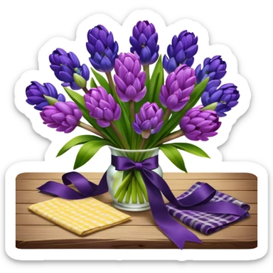 A lush bouquet of bright prple color Hyacinths black satin ribbon, resting on an antique wooden table, with a pale yellow and pink plaid pattern table cloth sticker