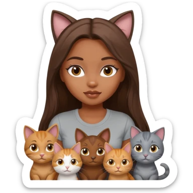a pretty bratz dusky girl with long brown hair with six cats nd wearing a grey tshirt sticker