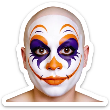 Perfectly round disembodied floating Juggalo smiley face that is hairless with white skin with realistic human brown colored eyes and elaborate but symmetrical thin lined face paint that covers most of the area of their face from the top of the forehead down the sides of their chin to the bottom of their face that is orange outlined in dark purple, with an unrealistic anatomically impossible grin with broken teeth and look in their eyes that is menacing sticker