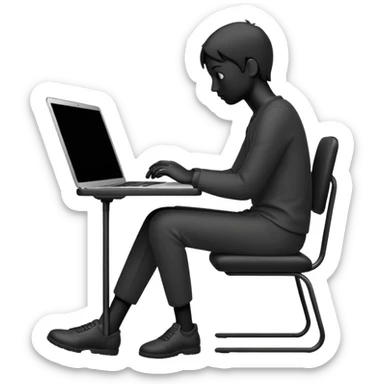 Minimalistic flat vector icon, iOS style, thin black contour on white background. Person silhouette sitting with a laptop, code brackets <> on the screen. Clean, no te sticker