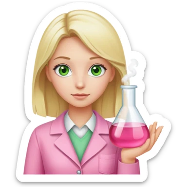 blonde girl with green-grey eyes, dressed in pink clothes, chemist sticker