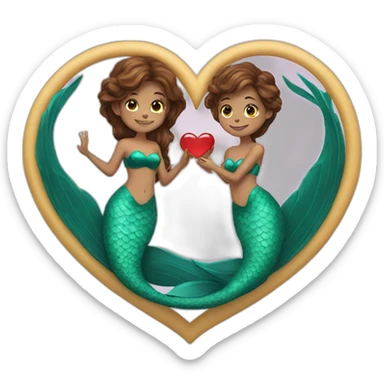 Two brown haired mermaids with their tails formed into a heart sticker