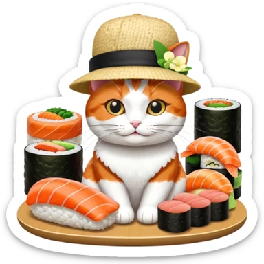 cat wearing a hat made out of sushi sticker