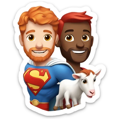White superman with red hair and red beard flying next to a happy goat.  sticker