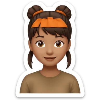In Apple Memoji format, a girl with dark brown hair. She has bangs and her hair is in a singular high bun. The girl is arab and has light brown skin. She is wearing a brown shirt. She is soft smiling, no teeth shown. sticker