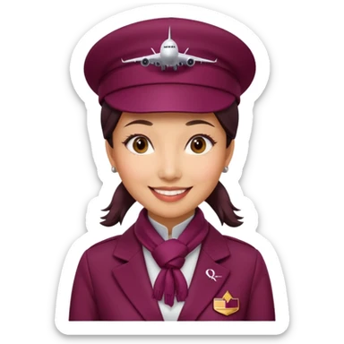 Asian woman wearing a Qatar Airways cabin crew uniform with a burgundy jacket, matching hat with logo, and a scarf, smiling, simple background sticker
